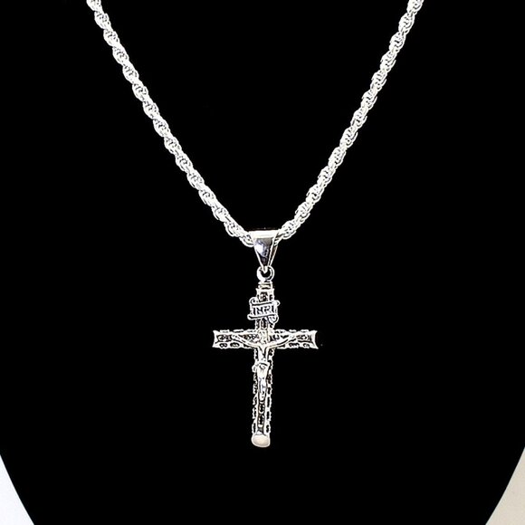 REAL Sterling Silver Thick Heavy Crucifix Cross Rope Chain Necklace, Stamped 925 - Picture 1 of 7